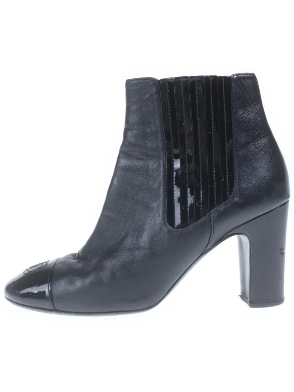 Chanel CC Logo Patent Leather Cap Toe Ankle Boots Black